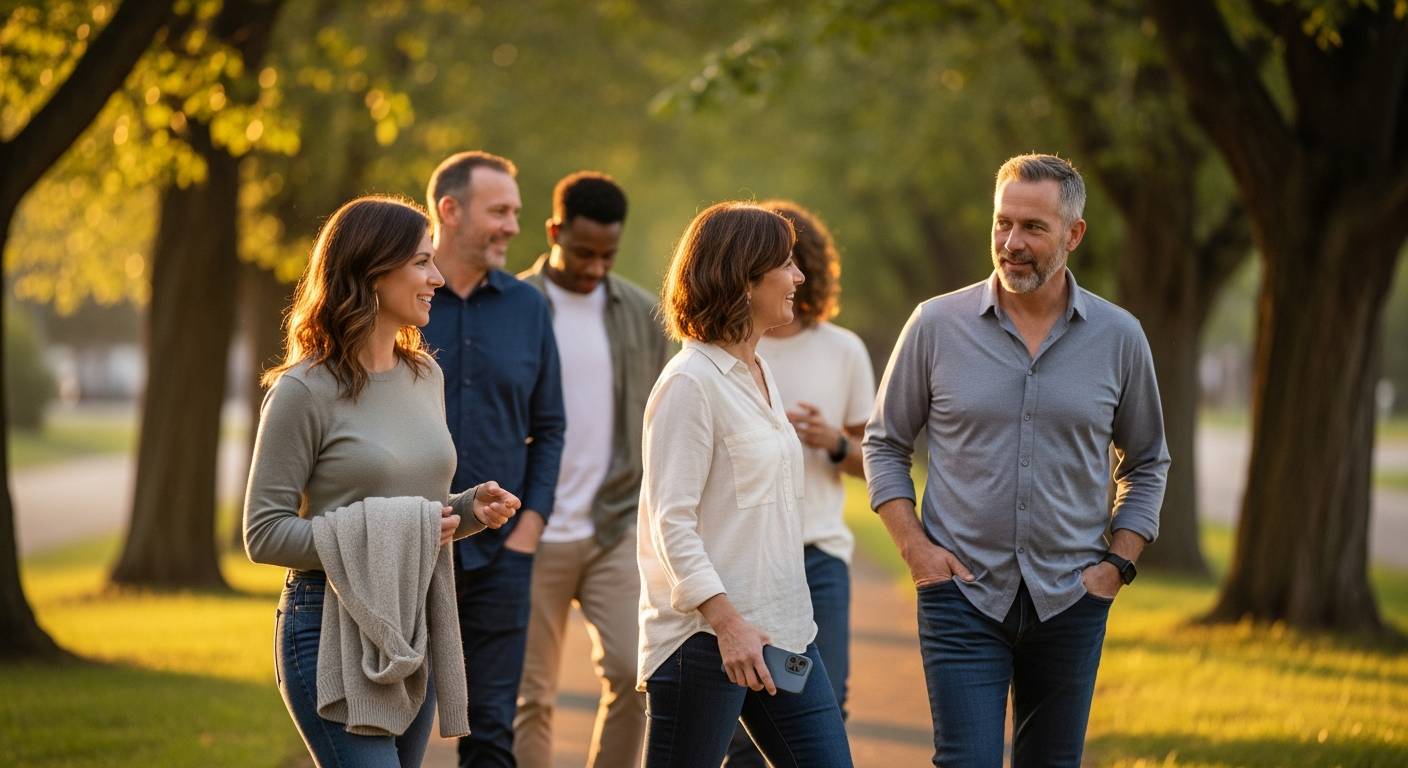 A small group of adults taking a gentle walk along a leafy path at golden hour.