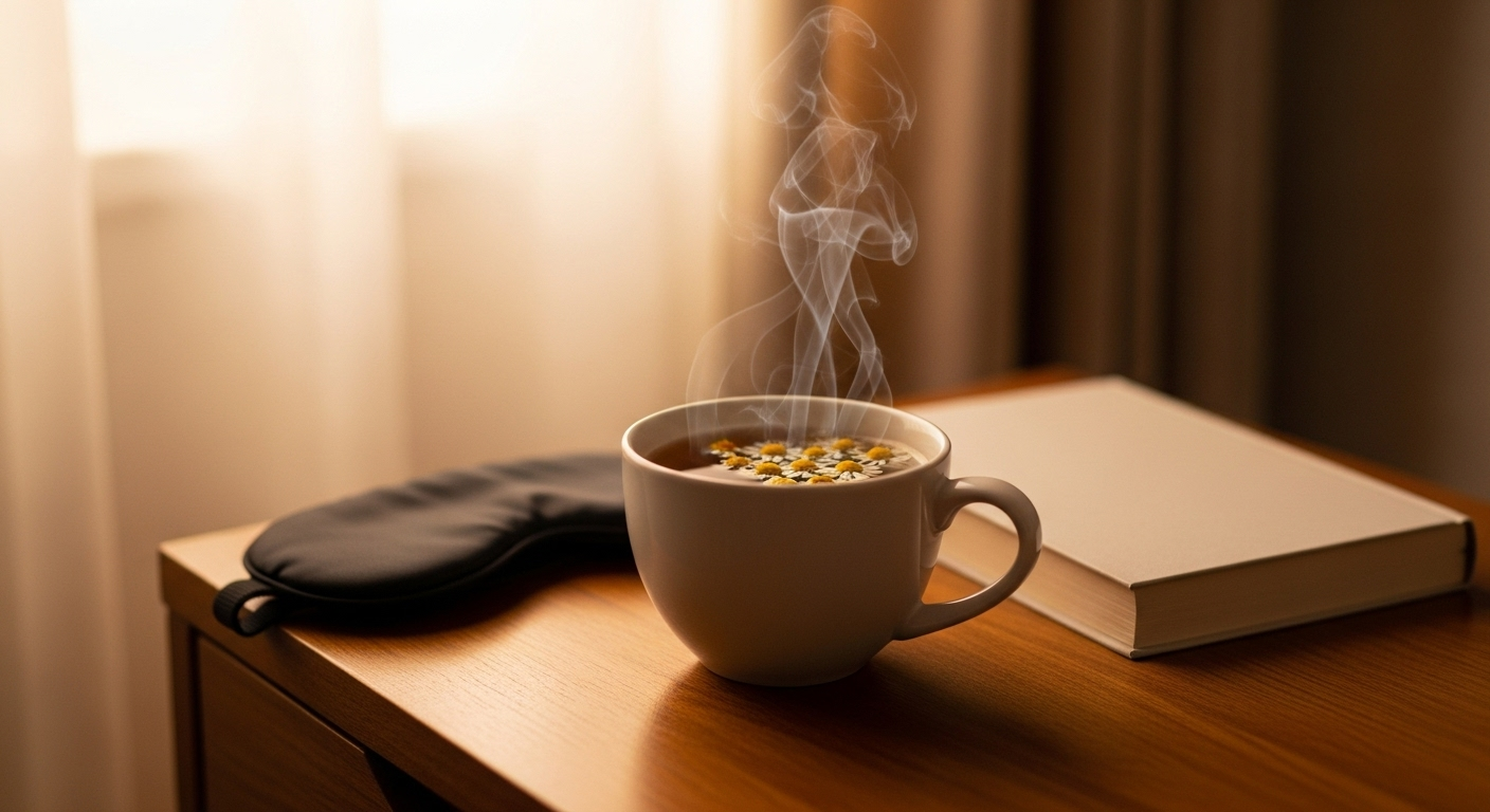 Nightstand with chamomile tea, eye mask, and a closed book in warm light.