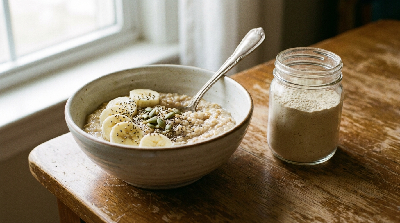 Oatmeal bowl with banana in soft morning light