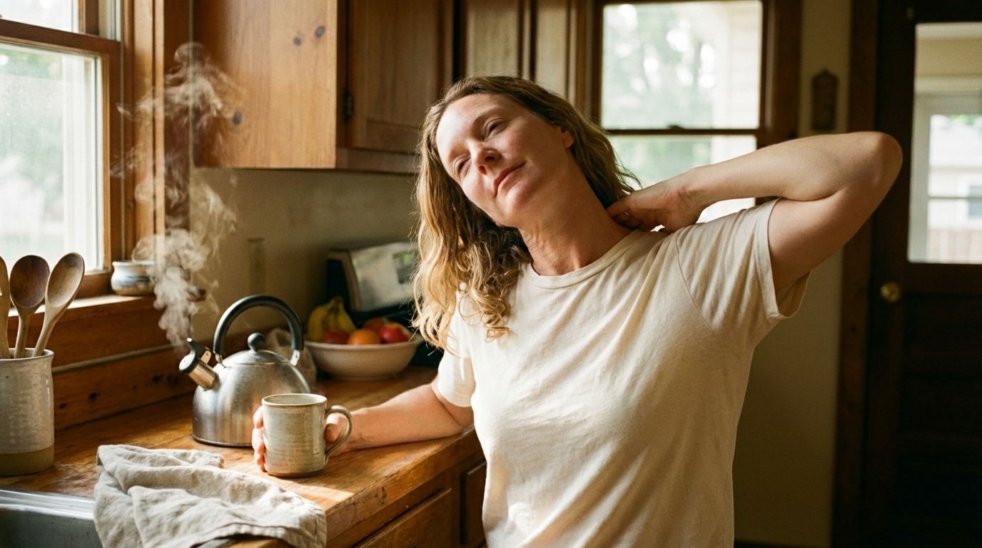 Woman stretching gently in kitchen beside steaming kettle