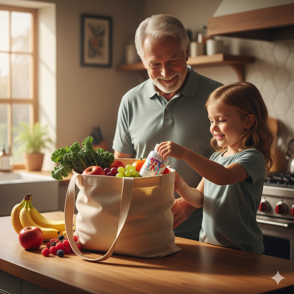 Grandchild adding a Mitolyn bottle into a grocery tote full of colorful produce