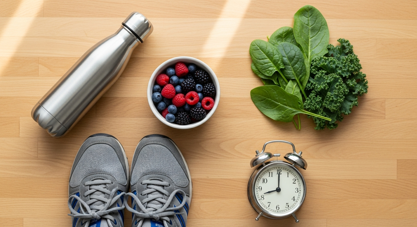 Flatlay of water, berries, greens, walking shoes, and a small clock on a kitchen counter