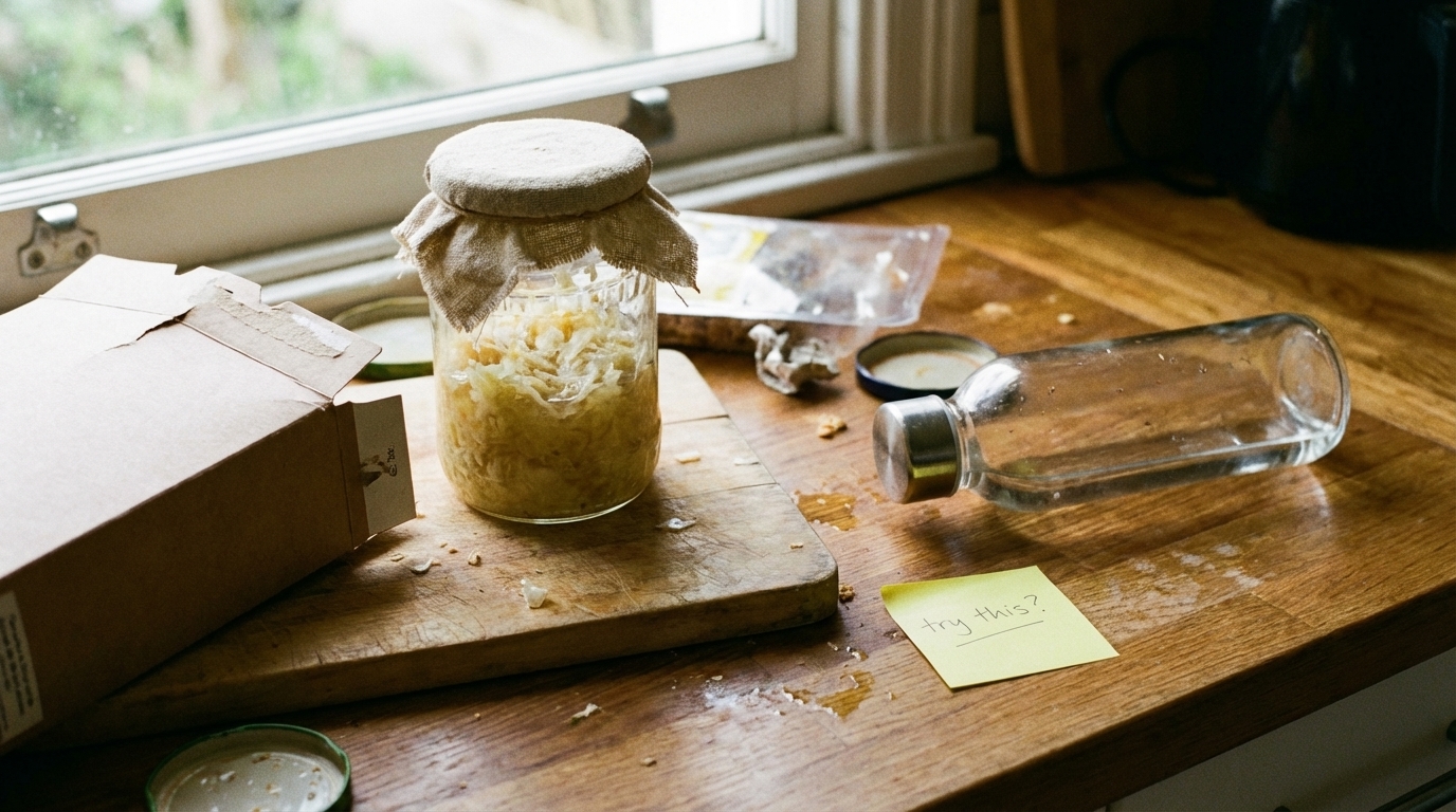 Kitchen counter with scattered gut health attempts