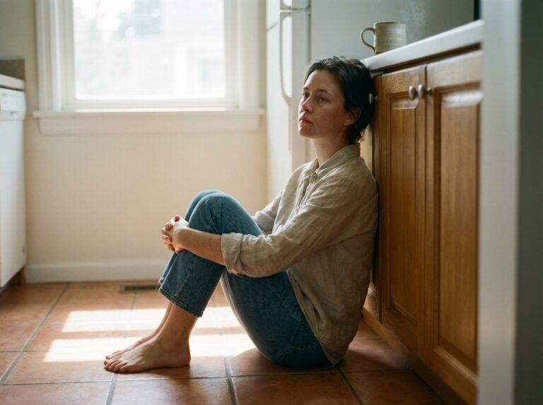 Person resting on kitchen floor in soft morning light
