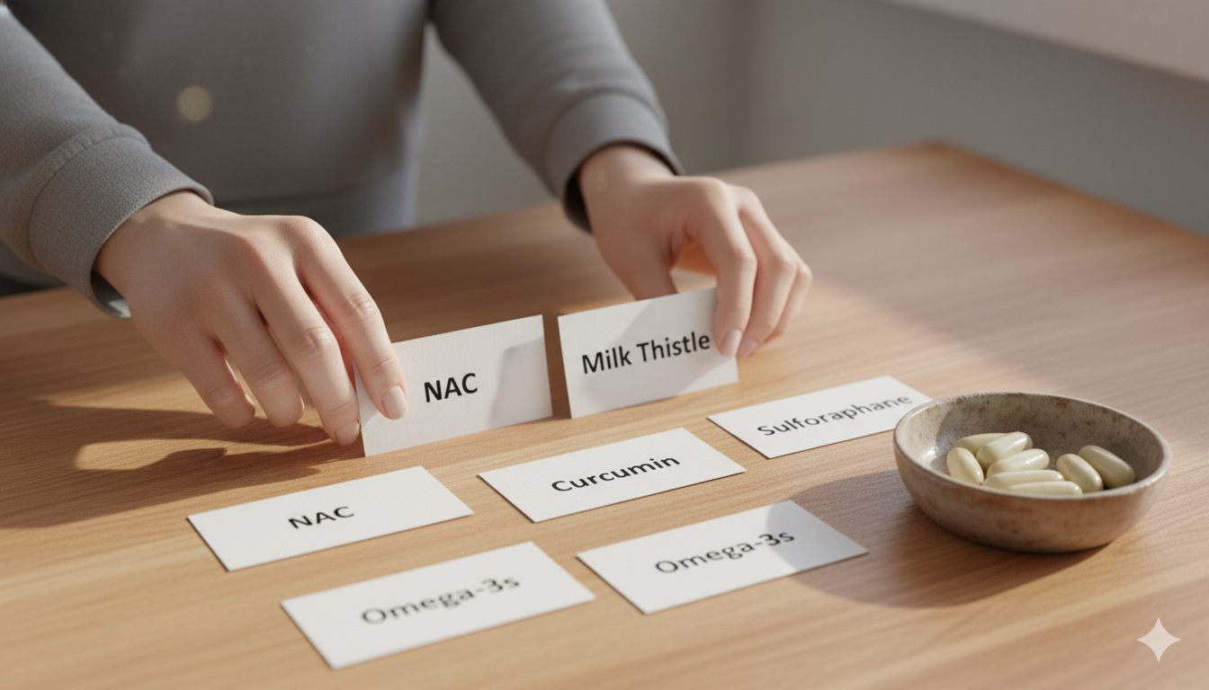 Hands arranging cards labeled with core detox helpers