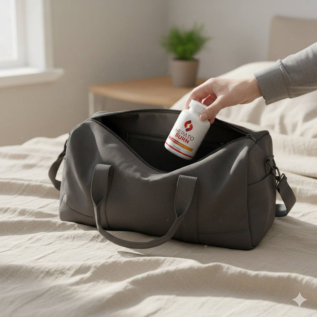 HepatoBurn placed into a travel bag pocket