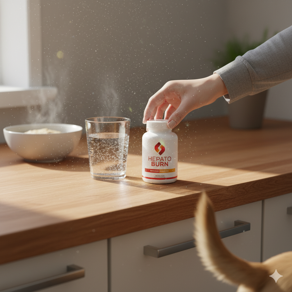 Morning sunlight on HepatoBurn as a hand opens the bottle