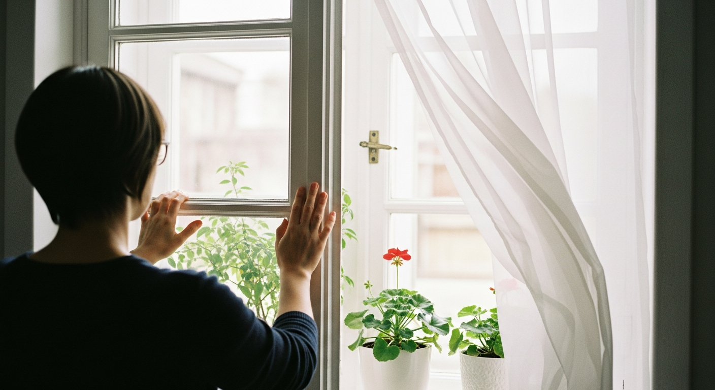 Sheer curtain lifts in clean morning air