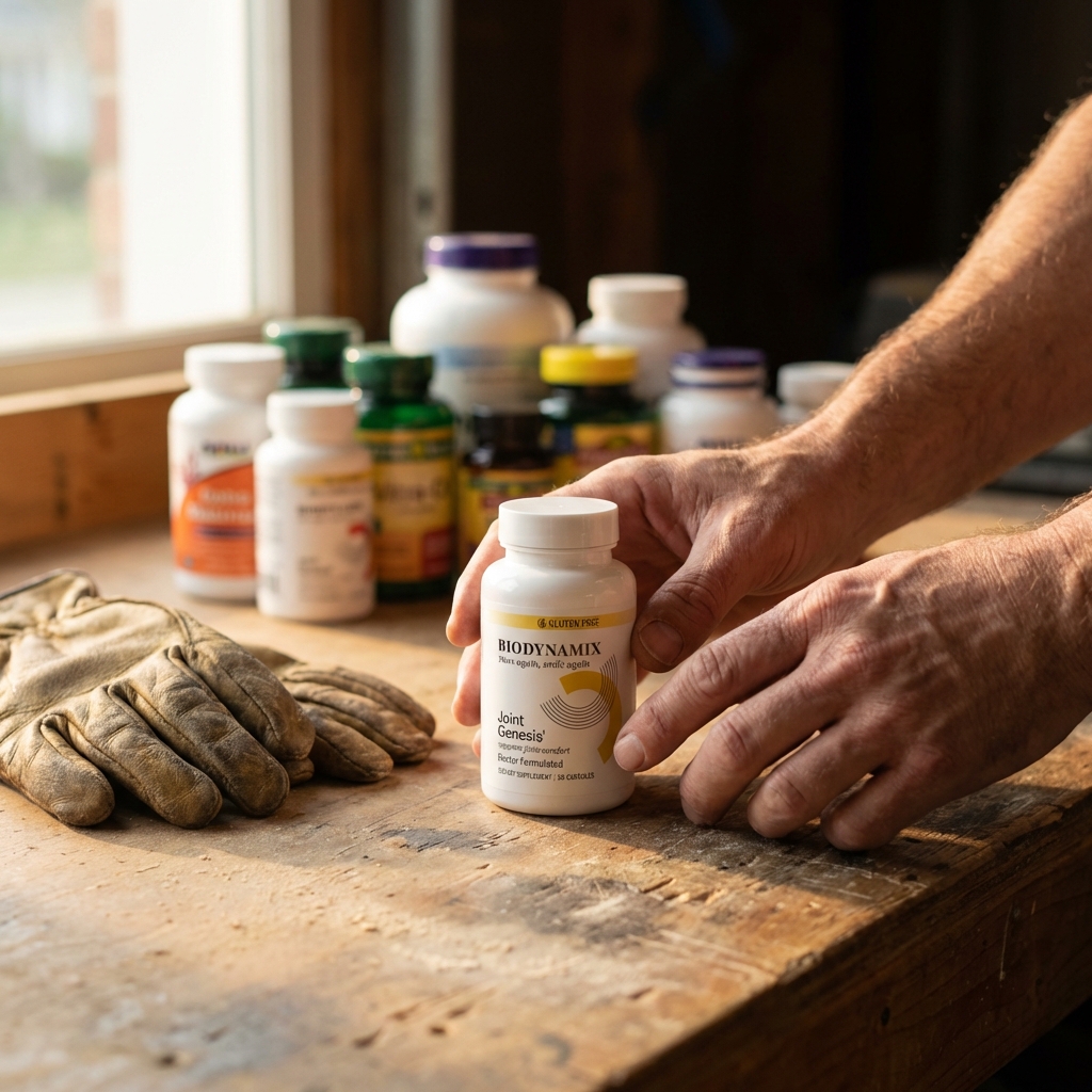 Joint Genesis bottle on a workbench with gloves nearby