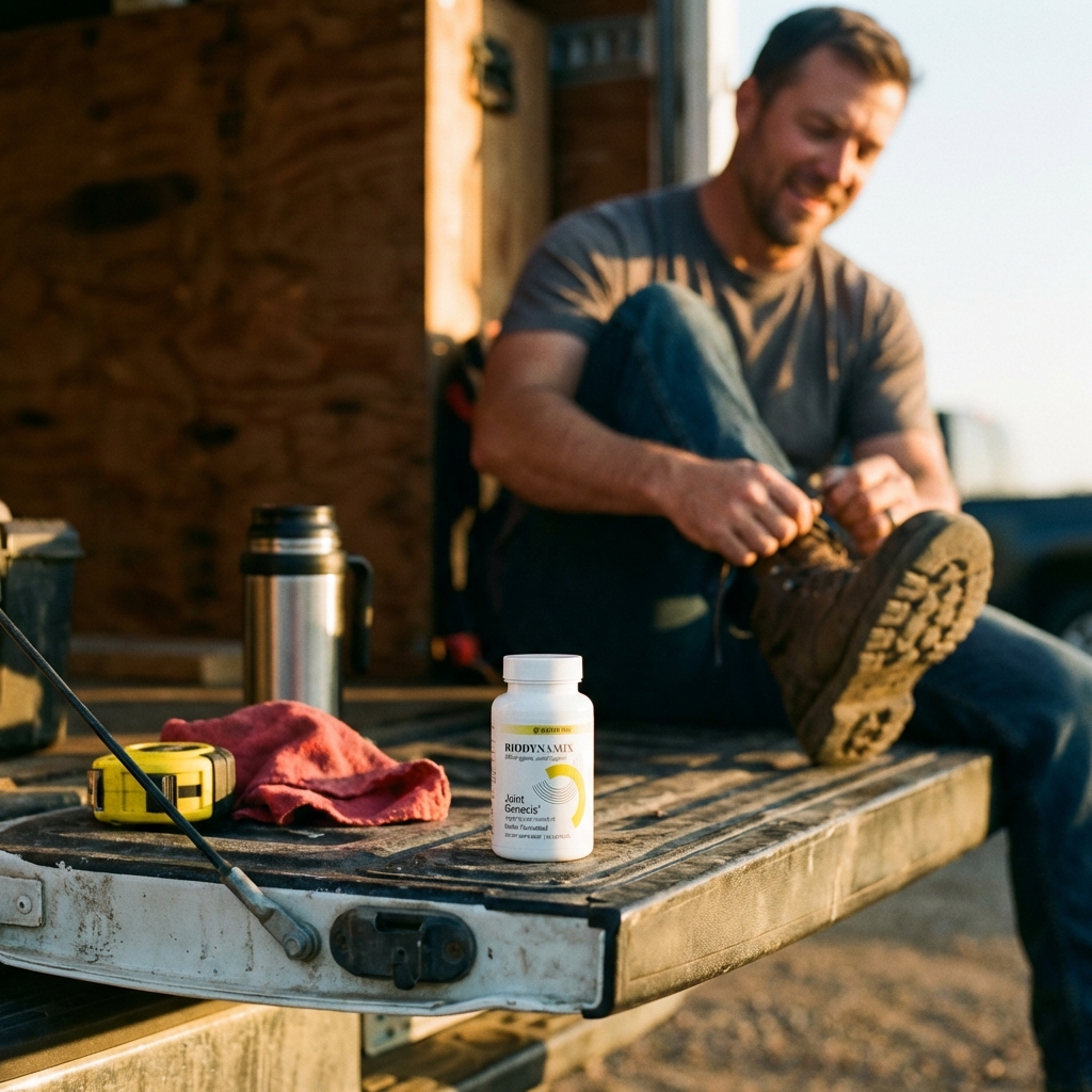 Joint Genesis bottle on a truck tailgate at sunset