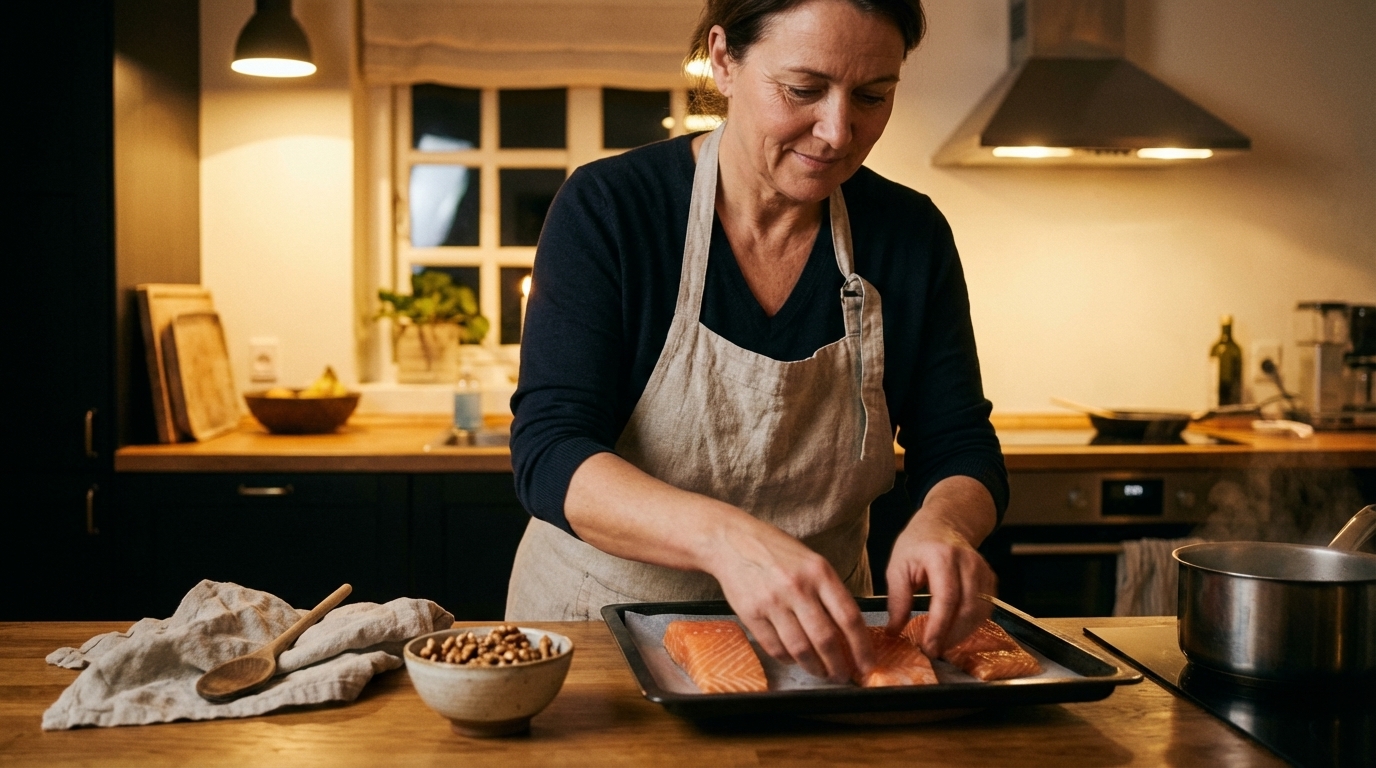 Woman preparing a simple meal with salmon and walnuts in warm kitchen light