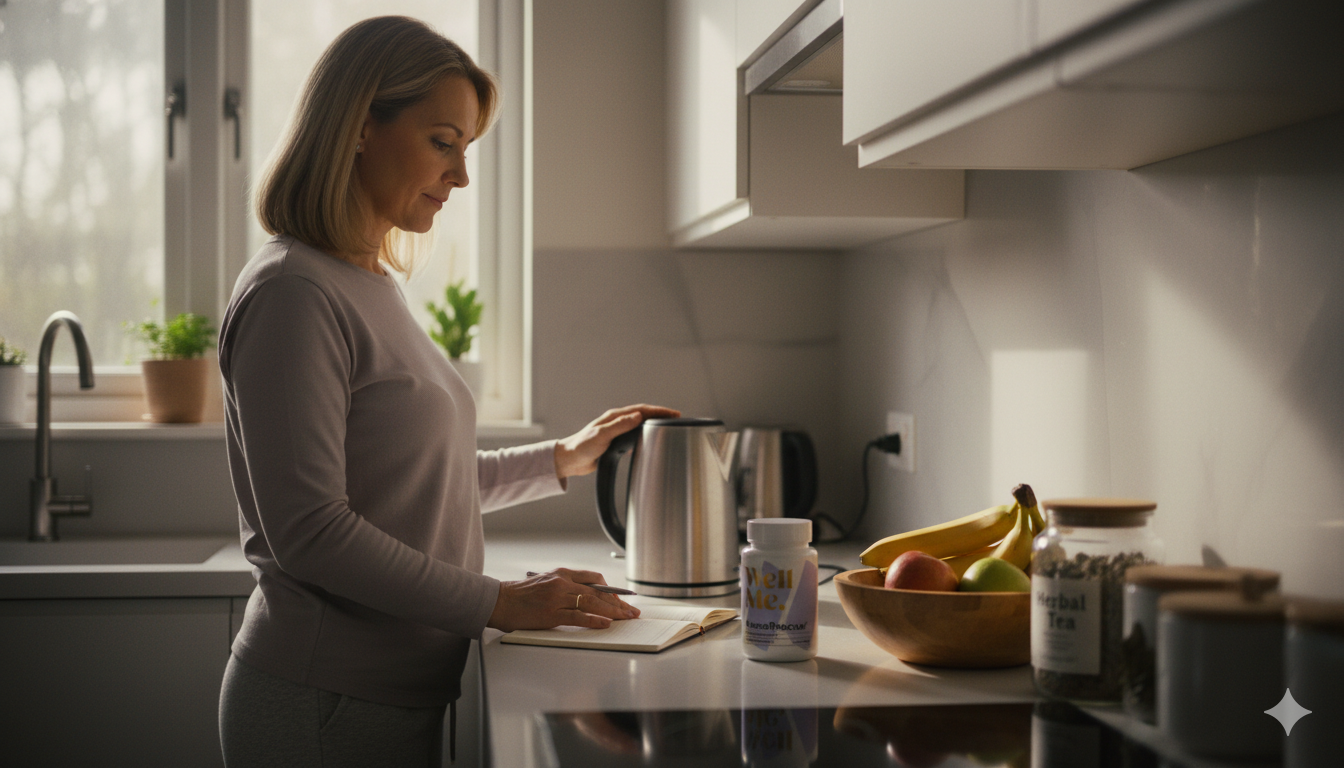 subtle product-in-scene in a kitchen supporting menopause brain fog solutions