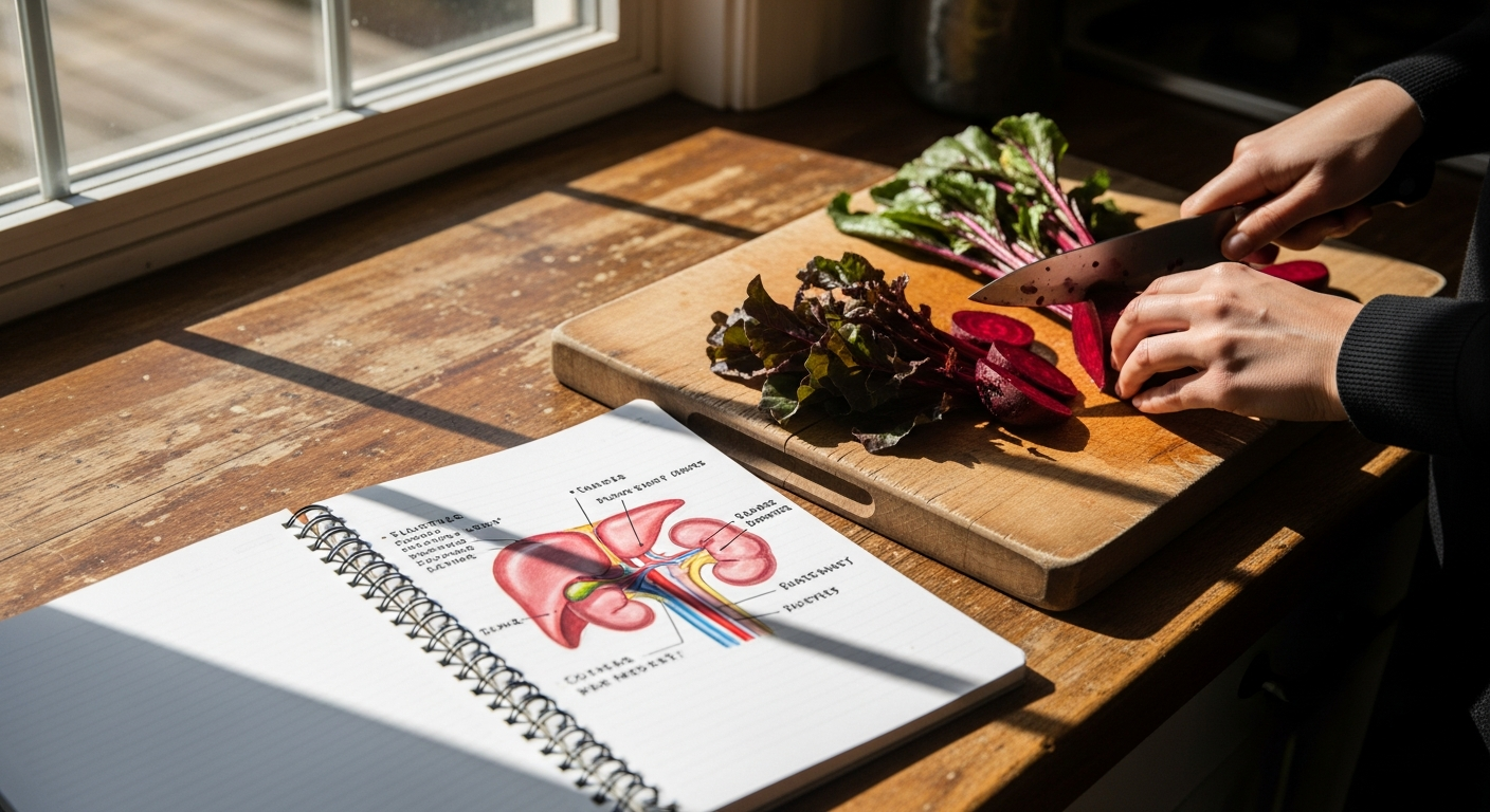 Person chopping colorful vegetables beside a notebook with a simple liver and kidney sketch