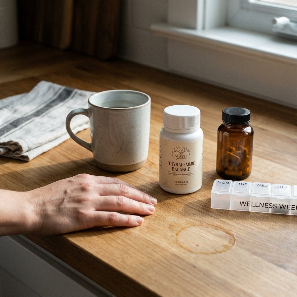 Supplement bottle beside cooling coffee in sunlit kitchen