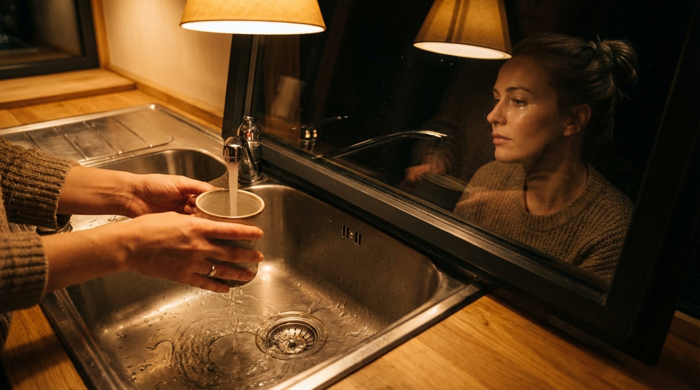 Hands rinsing a mug at a kitchen sink with water spiraling down
