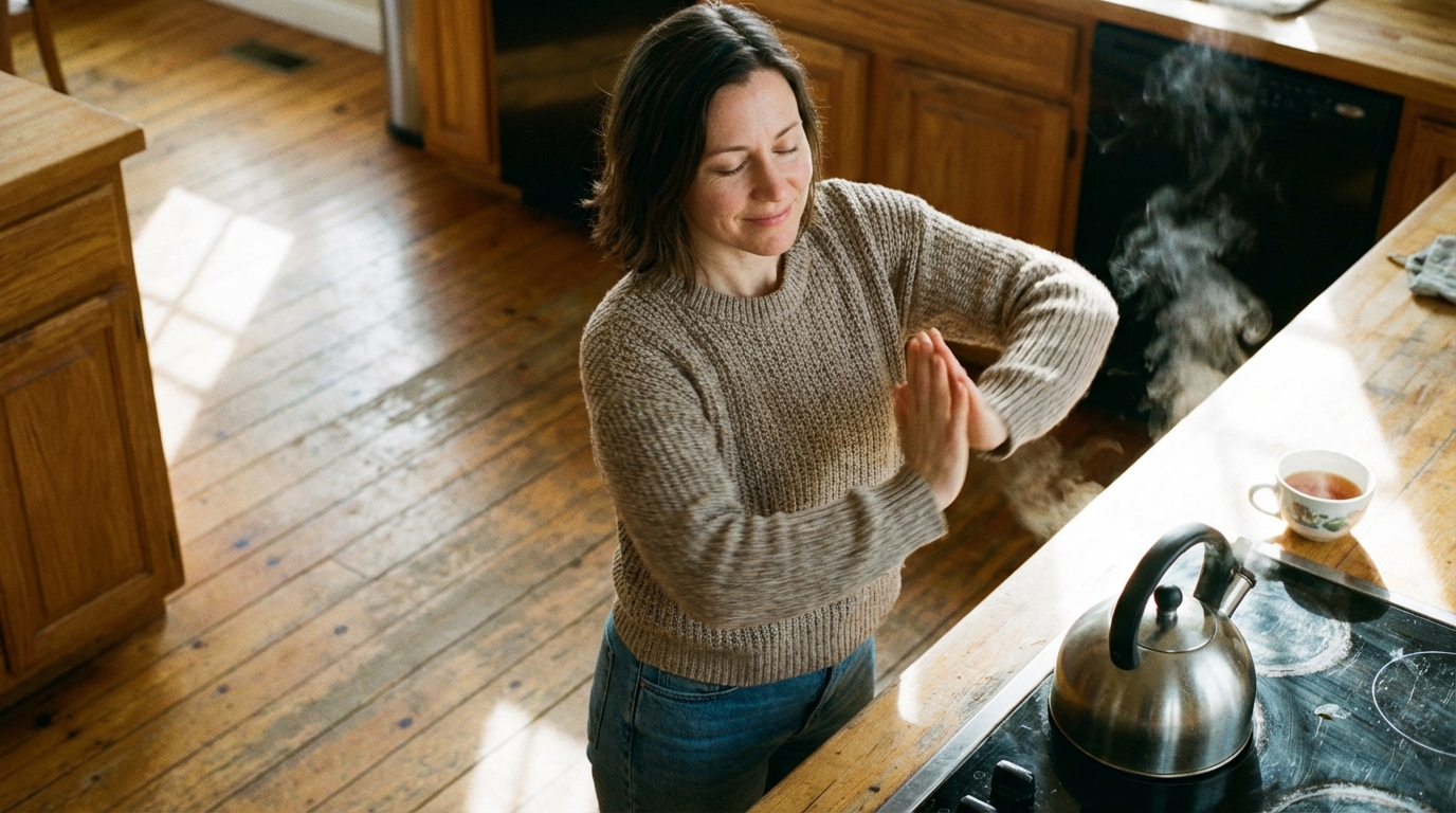 Woman doing a gentle morning stretch in the kitchen