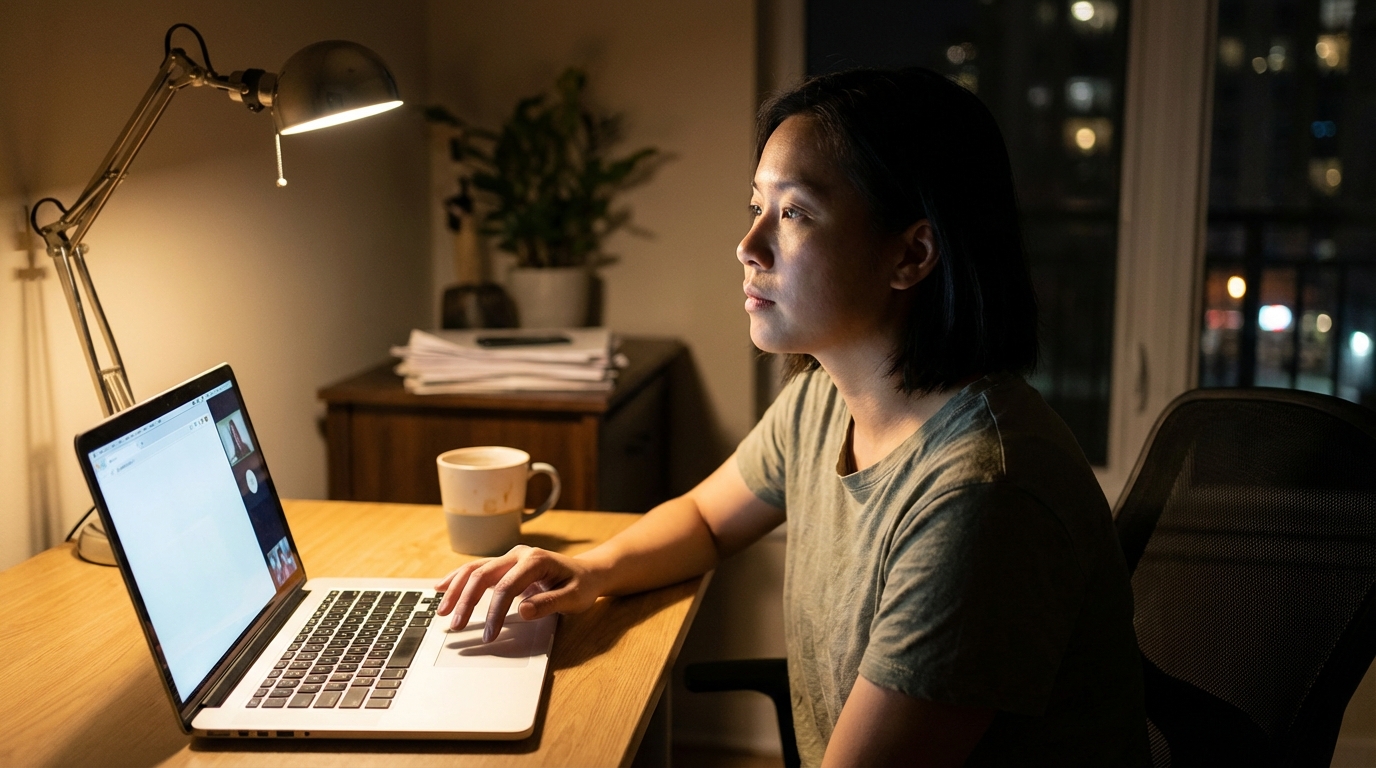 Person pausing mid-video call in a dim home office
