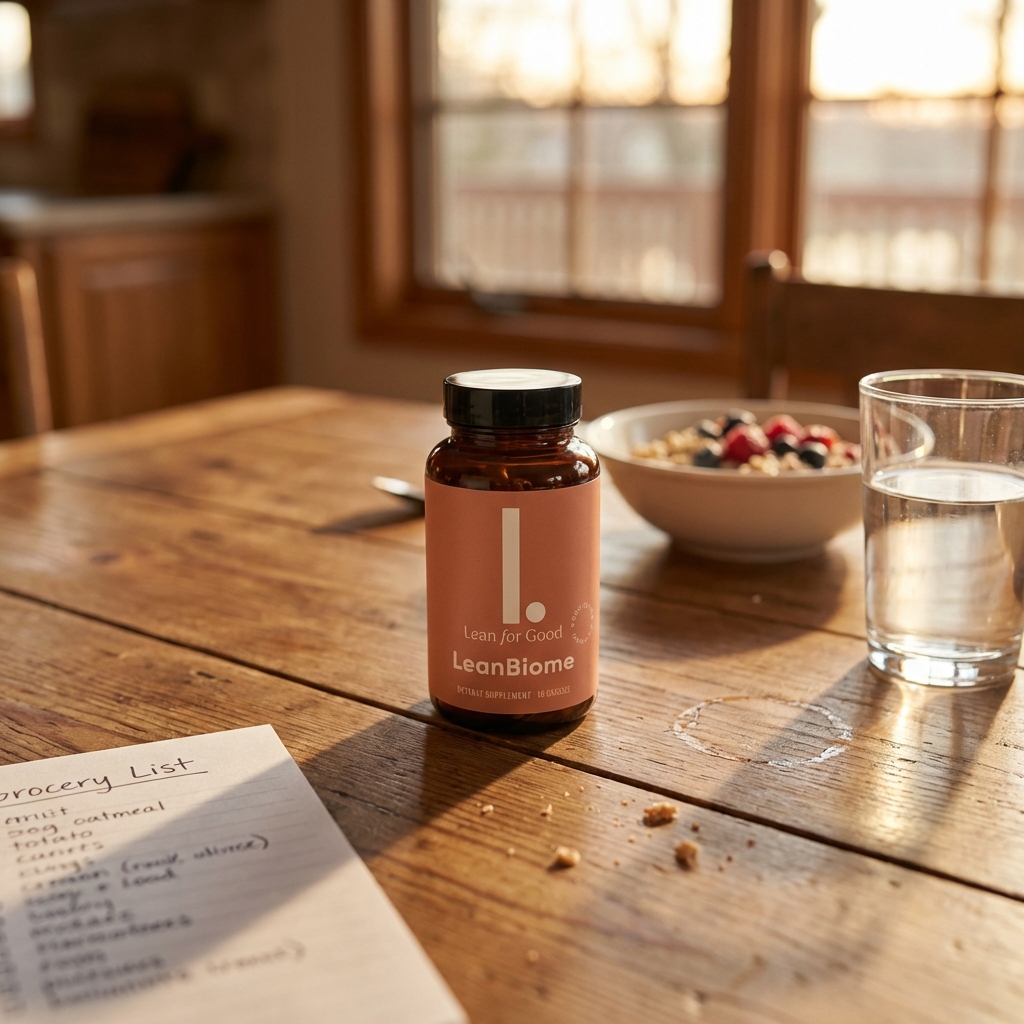 LeanBiome bottle beside water glass on dining table