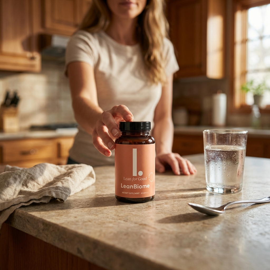 LeanBiome bottle on kitchen counter in soft daylight