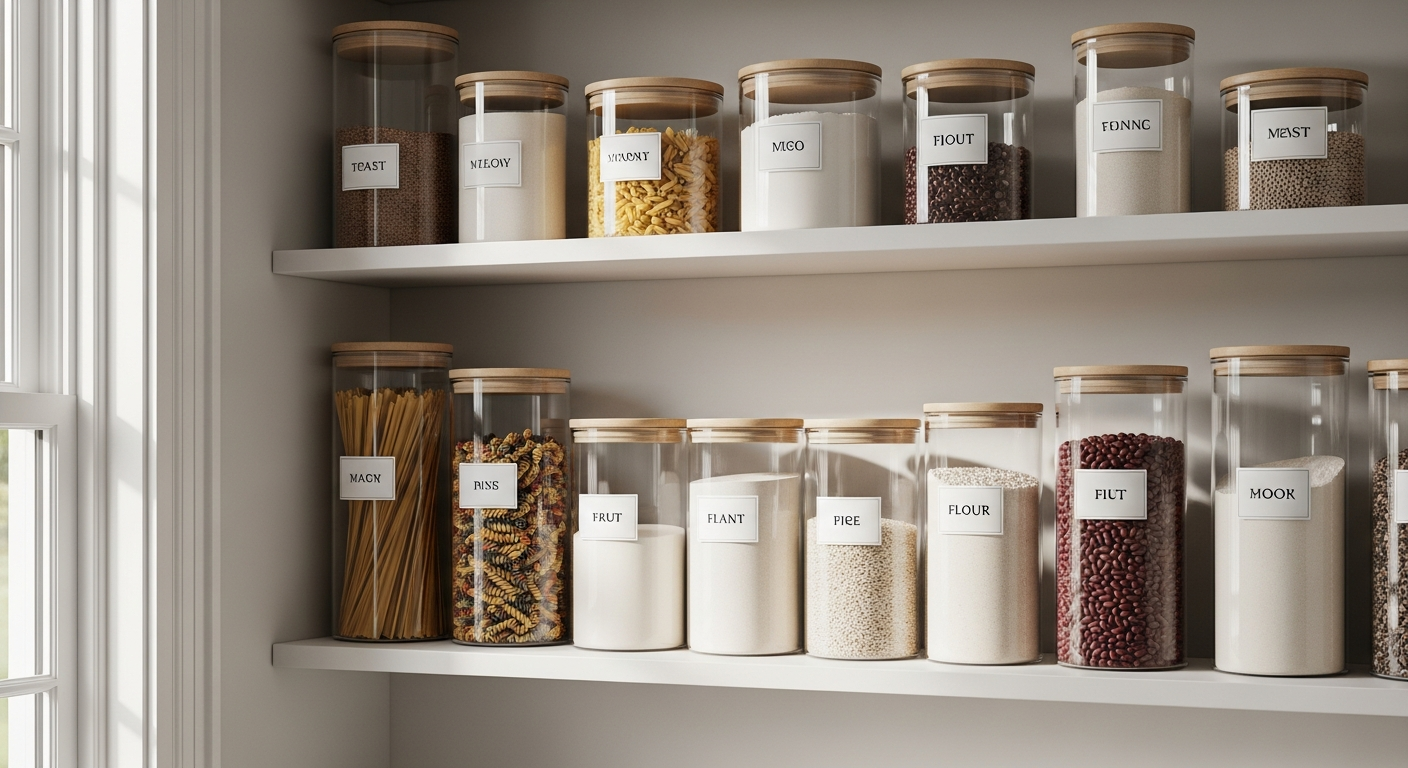 Glass storage and open shelf with natural light