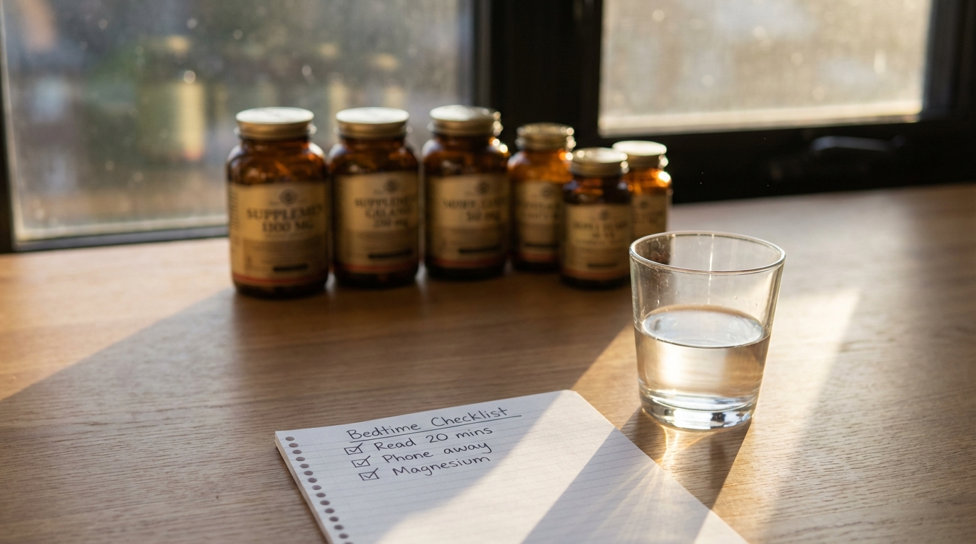 A small stack of supplements and a bedtime note in angled window light