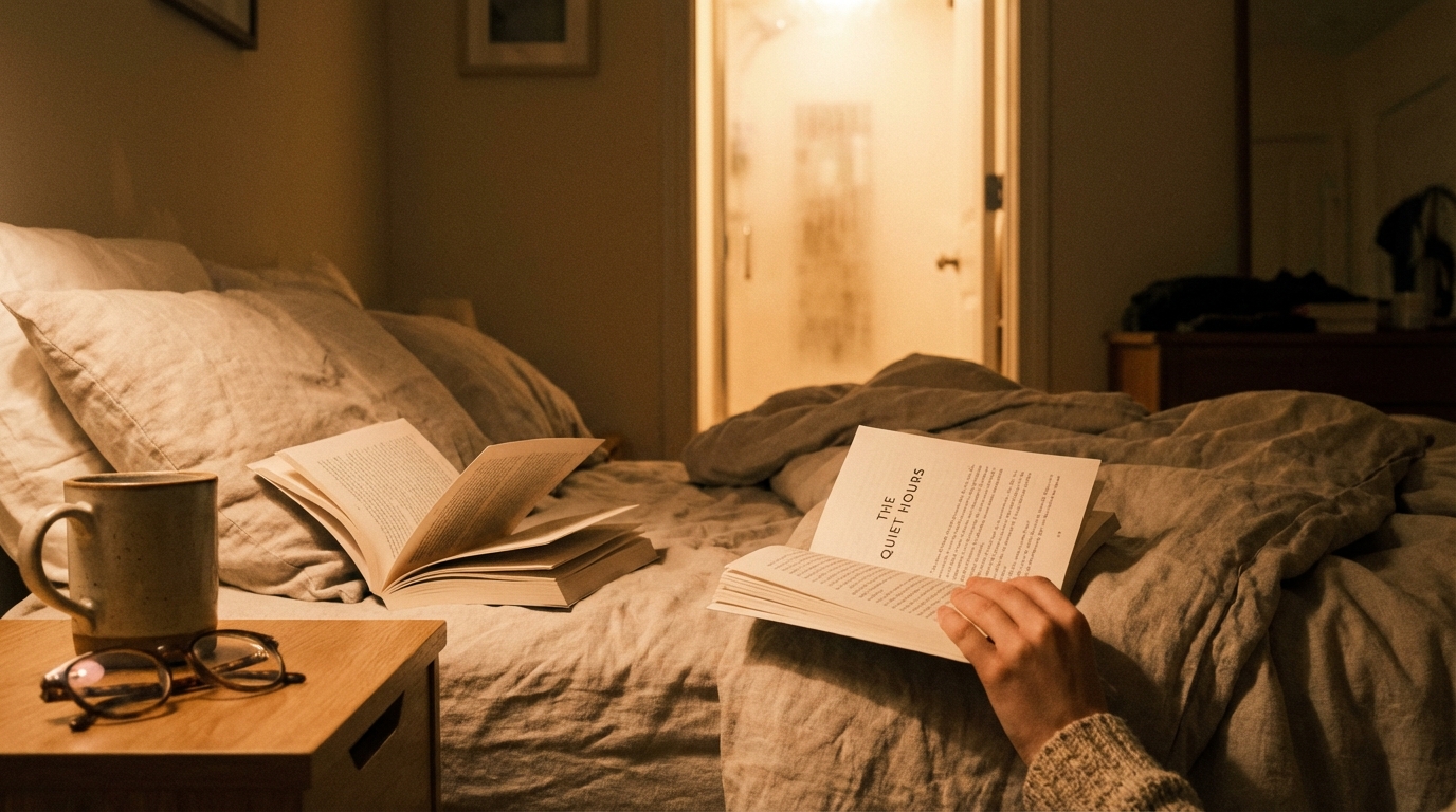 A calm bedtime scene with low light and a book