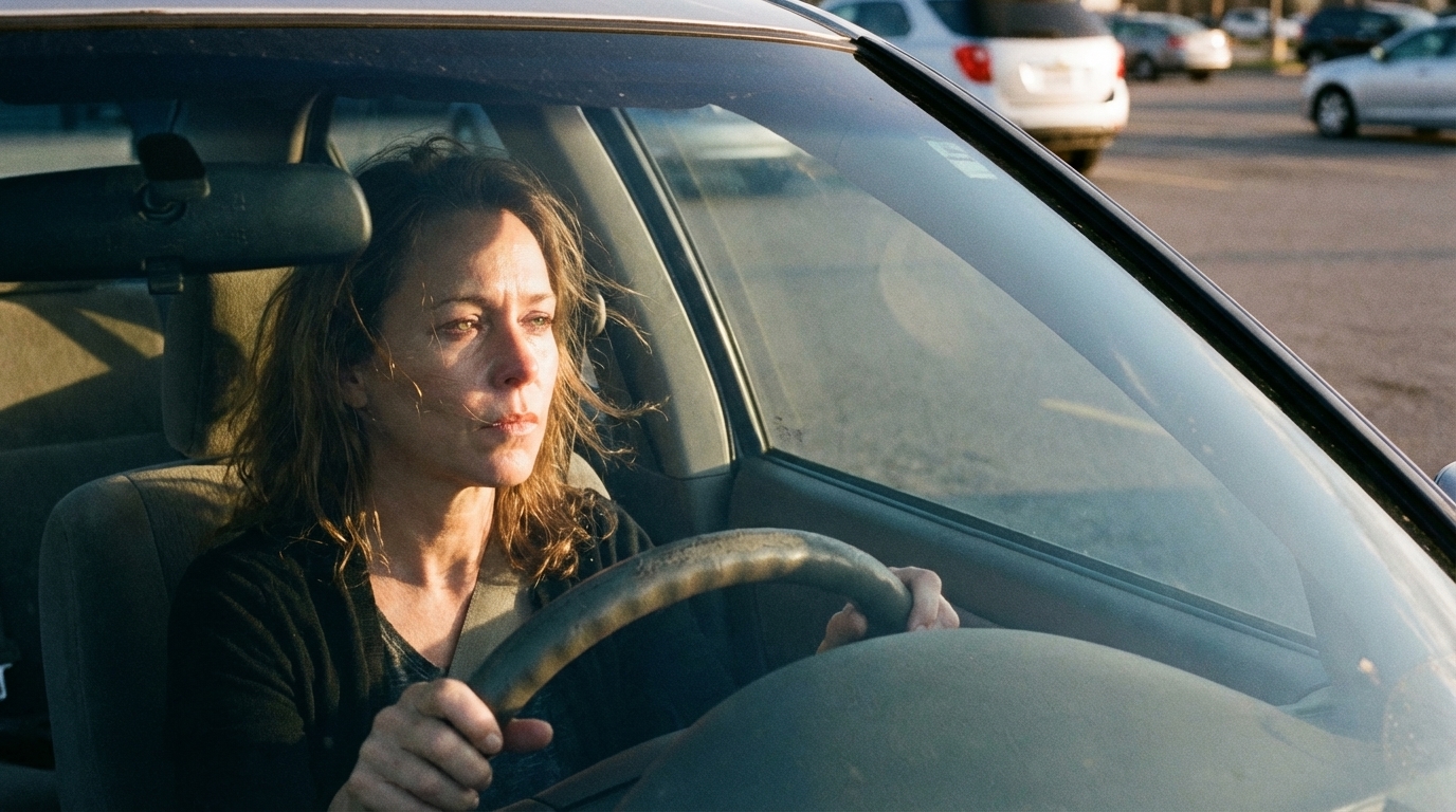 Woman sitting in a parked car taking a slow breath and looking overwhelmed but composed