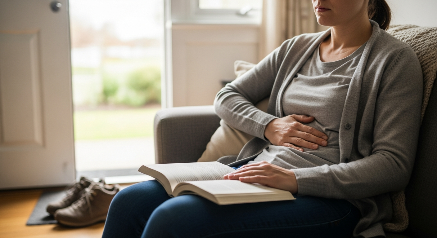 Tired person resting on a couch in soft afternoon light, hand on stomach.
