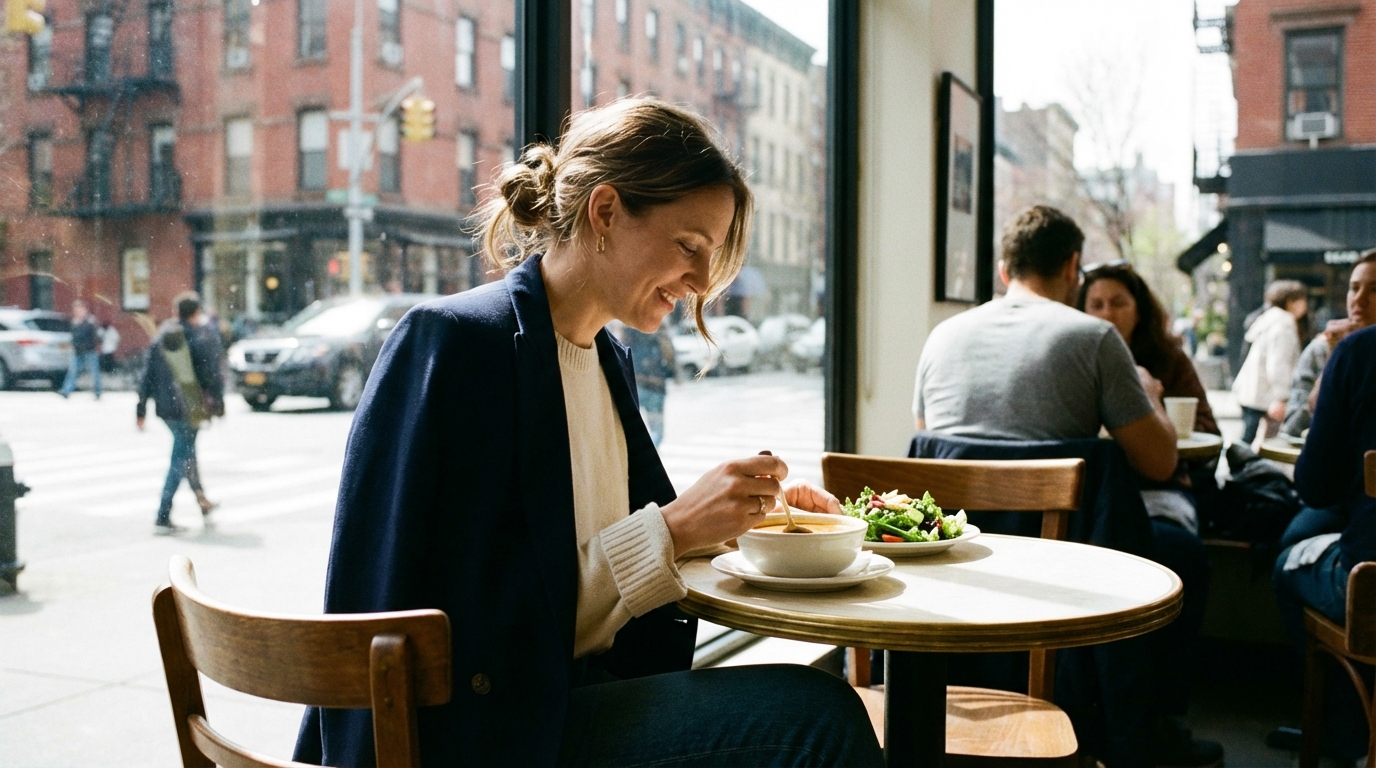 Woman eating lunch by a window looking calm