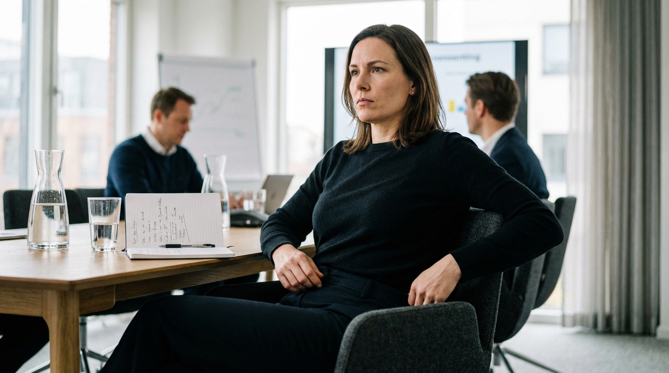 Woman sitting in meeting shifting slightly in her chair