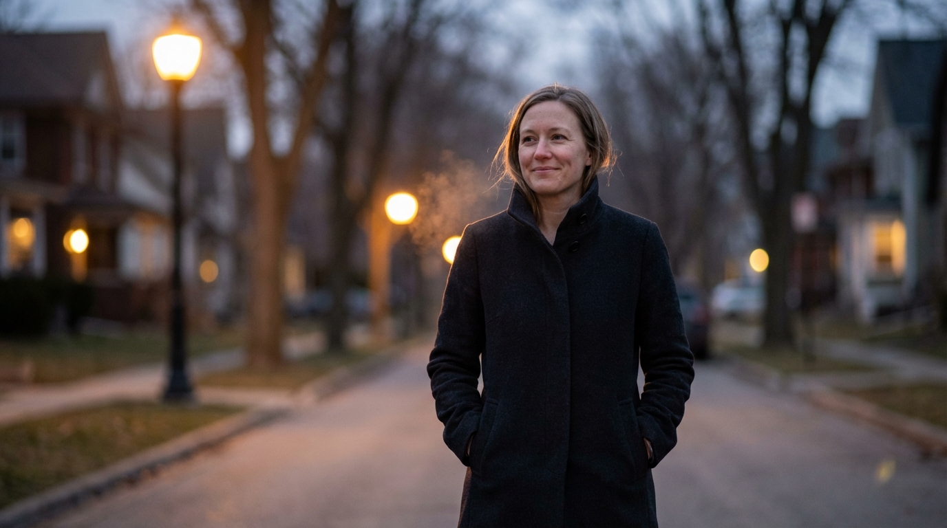 Woman walking at dusk looking thoughtful and calmer
