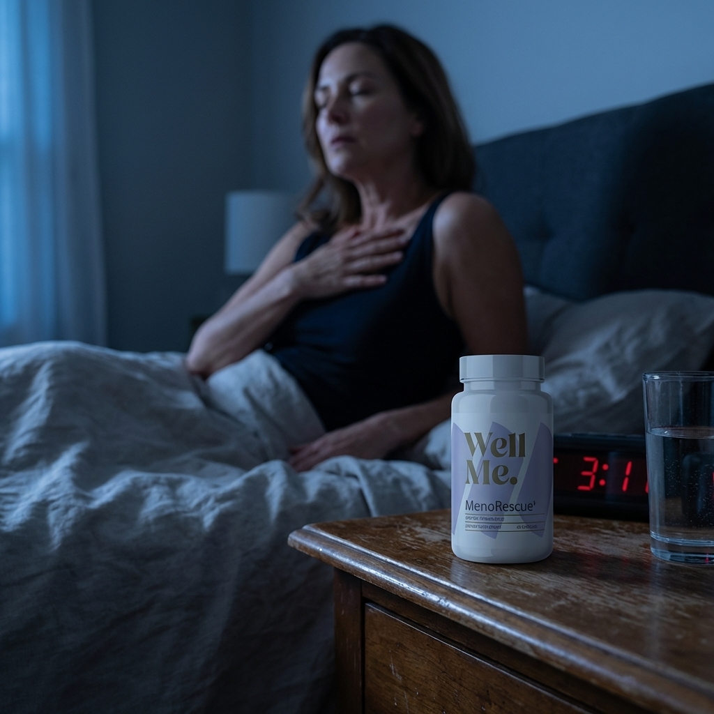 MenoRescue bottle in focus on a nightstand at 3:11 a.m.