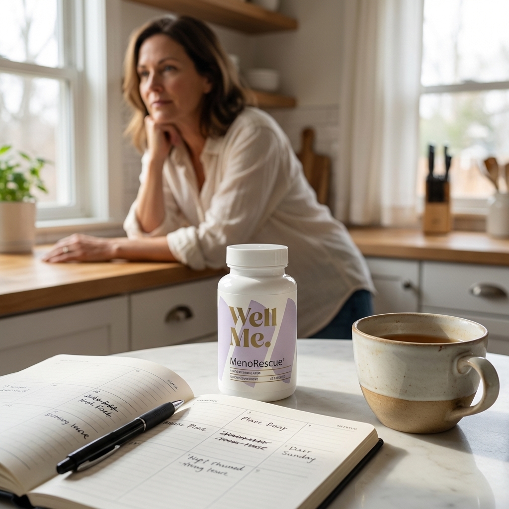 MenoRescue bottle in focus on a sunlit table with a simple morning routine