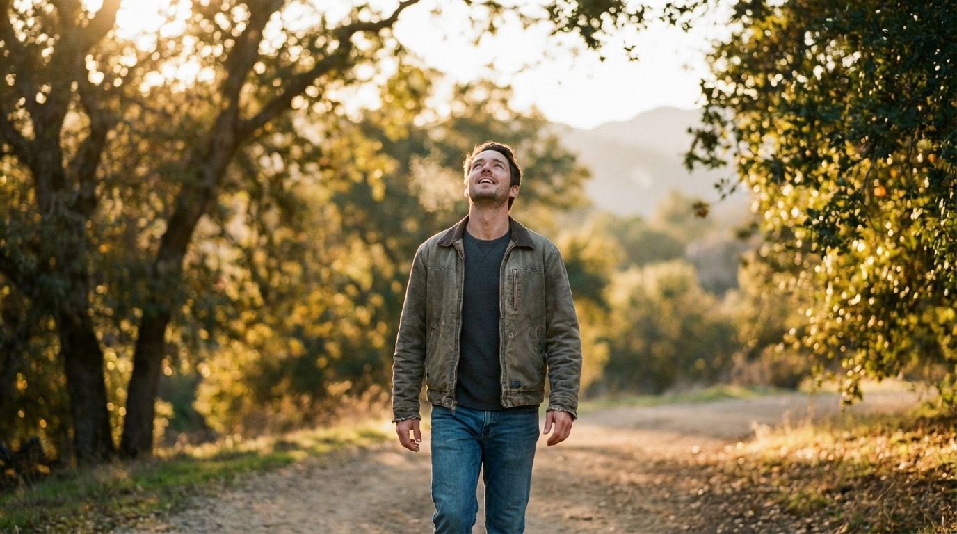 Man walking at sunset looking calm and present