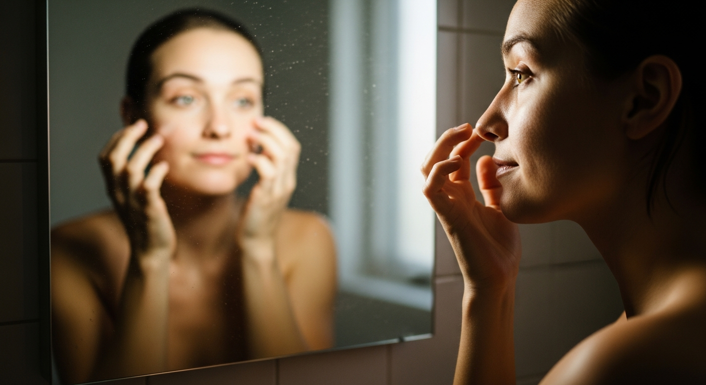 Soft morning reflection with relaxed expression