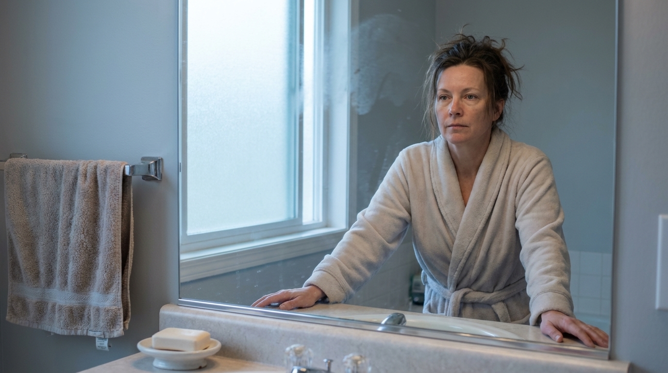 Woman at a bathroom sink in early morning light looking thoughtful and determined