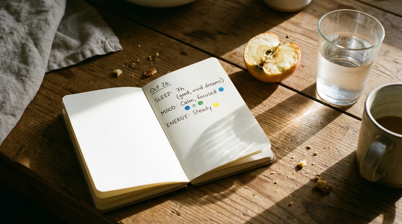 Notebook with simple energy mood sleep notes on a sunlit table