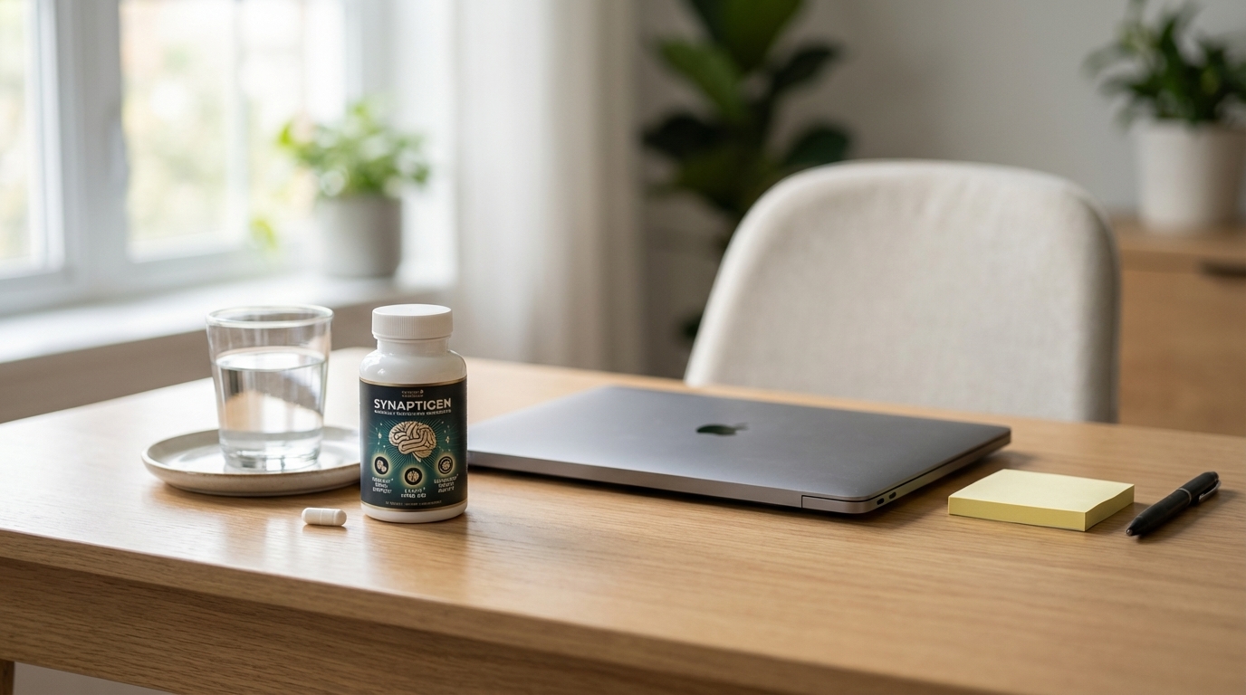 Synaptigen bottle and water glass on a calm morning desk before work