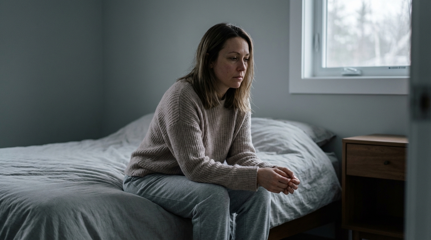 Woman sitting on the edge of her bed in quiet morning light looking awake but not restored