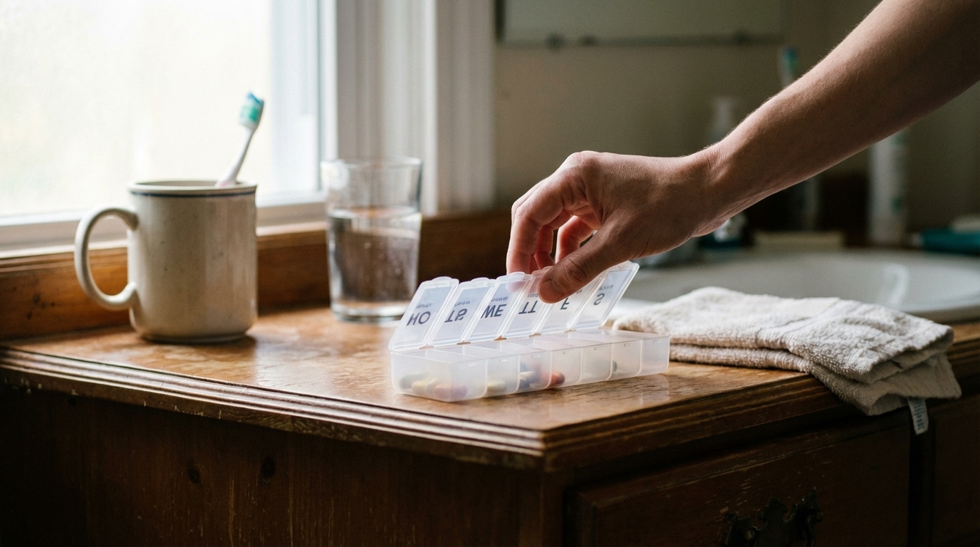 Weekly organizer on counter during a simple routine