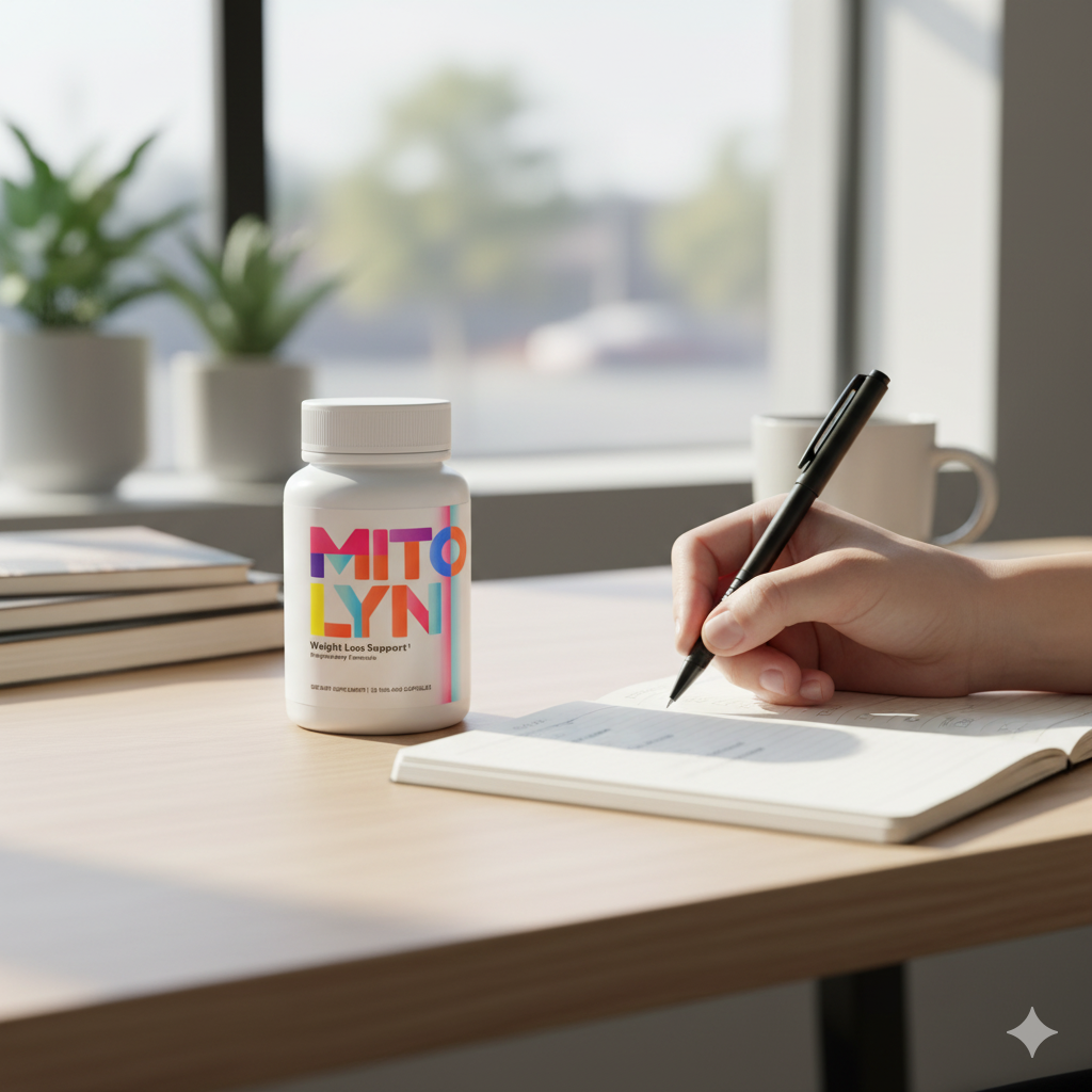 Mitolyn bottle by a sunlit notebook for gentle cellular energy support