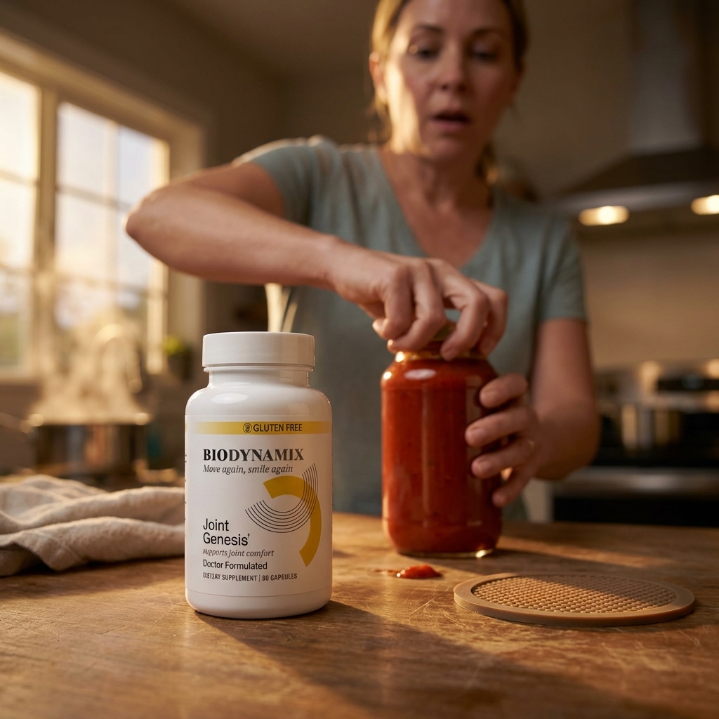 Joint Genesis bottle in morning light beside smoothie ingredients