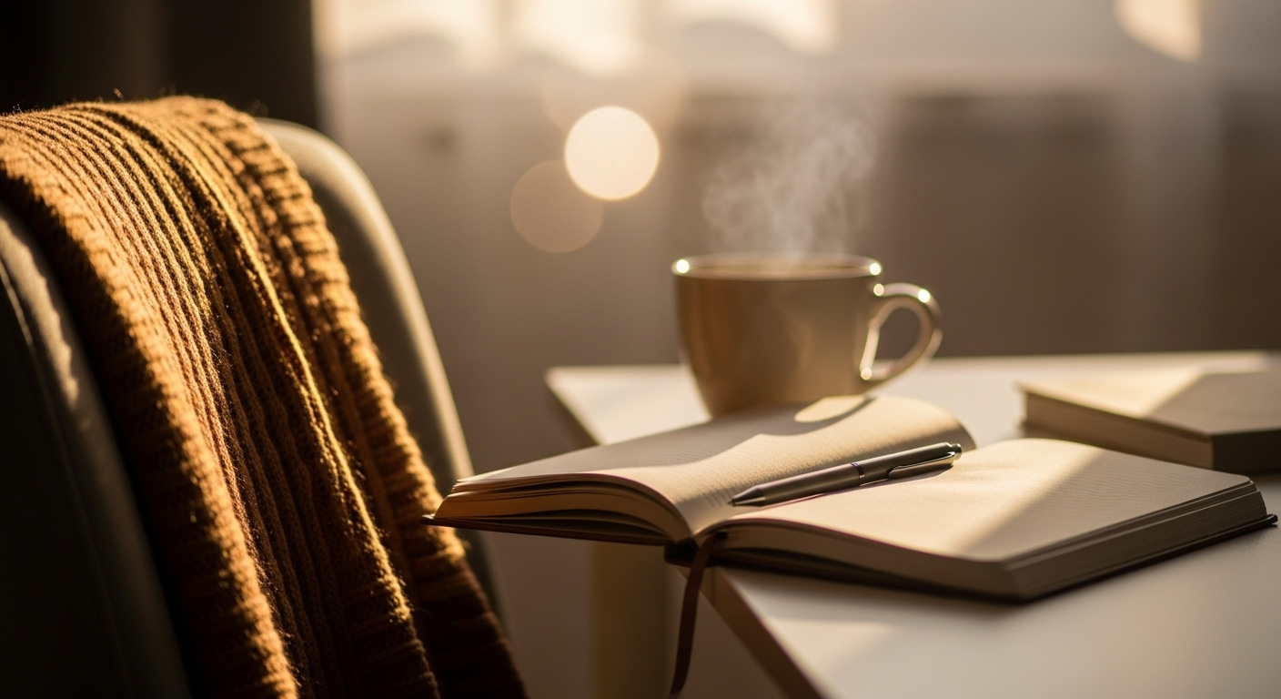 Sunlit desk with journal and steaming mug in the early morning.
