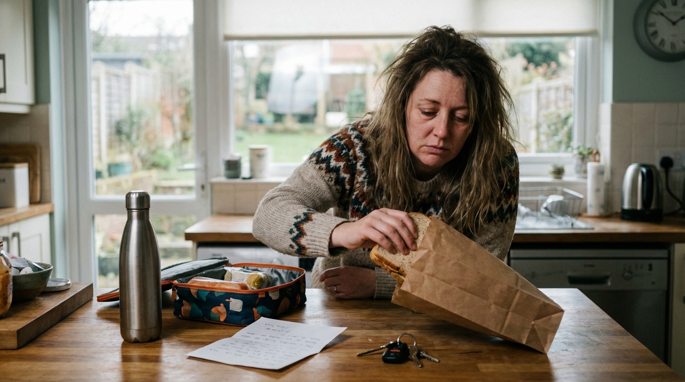 Woman quietly packing lunches looking tired in morning light