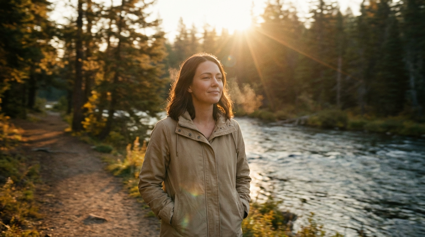 Woman walking at sunrise with relaxed posture