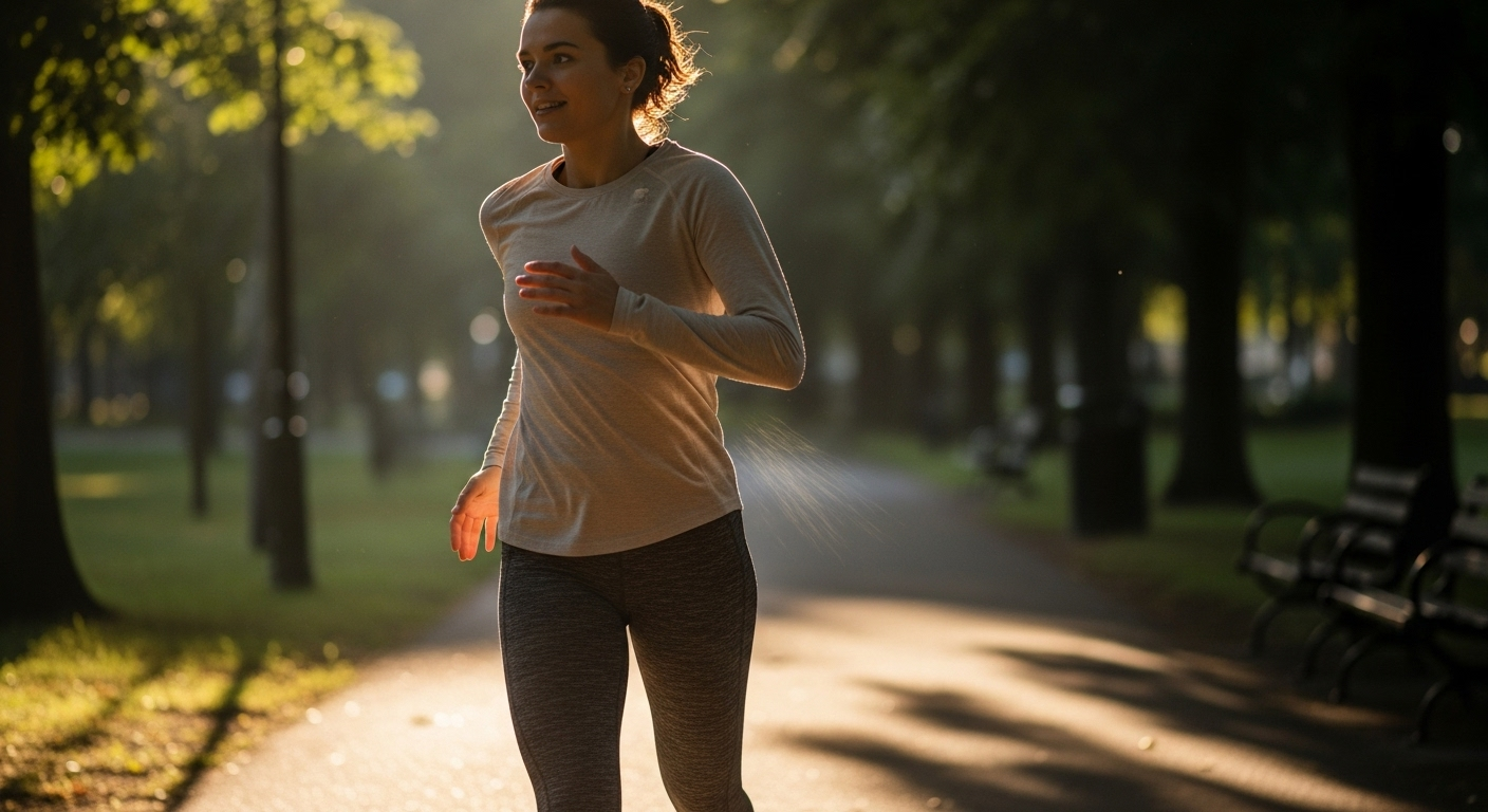 Person jogs calmly in morning light; brain health through steady movement.