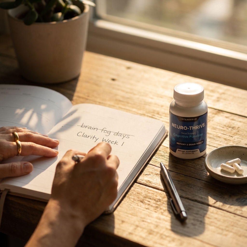 NeuroThrive bottle beside a planner labeled “Clarity Week 1” in warm evening light.