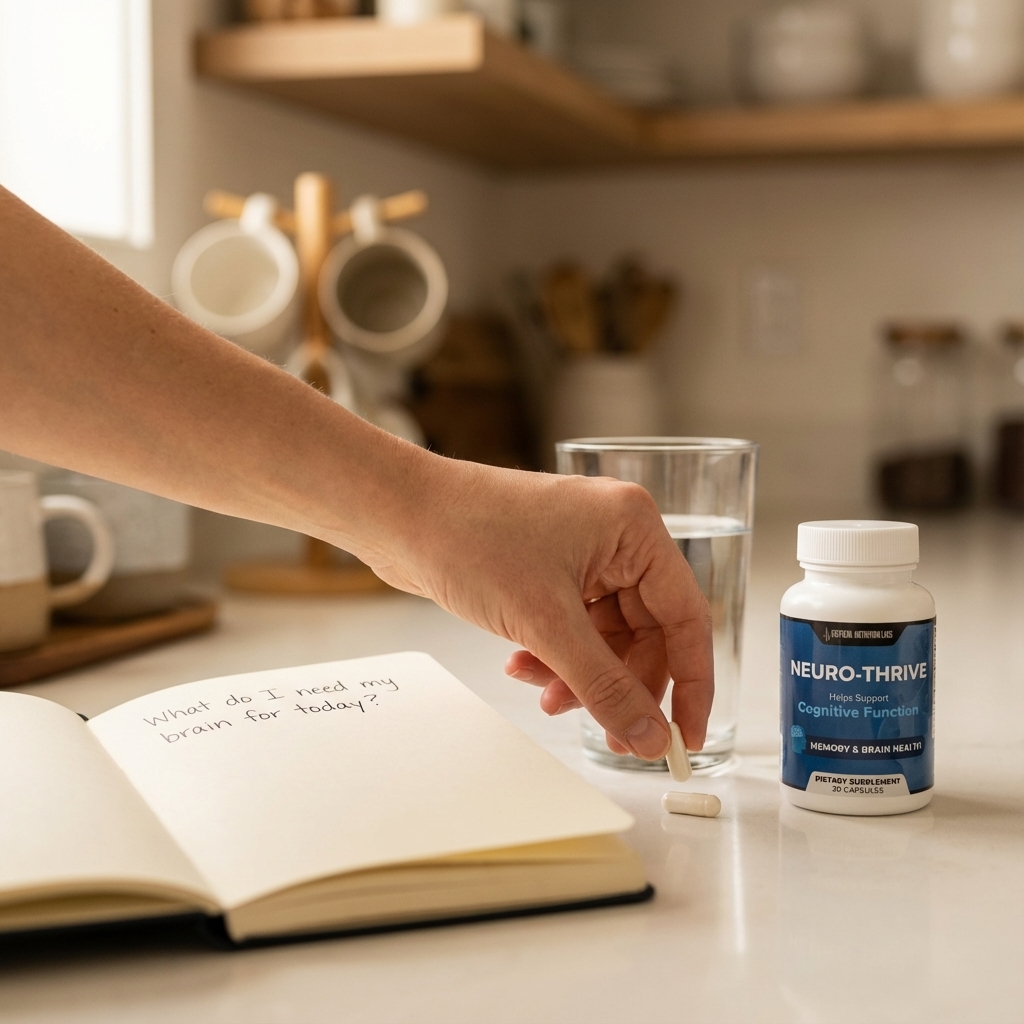 NeuroThrive bottle beside water on a sunlit kitchen table as a couple starts their day.
