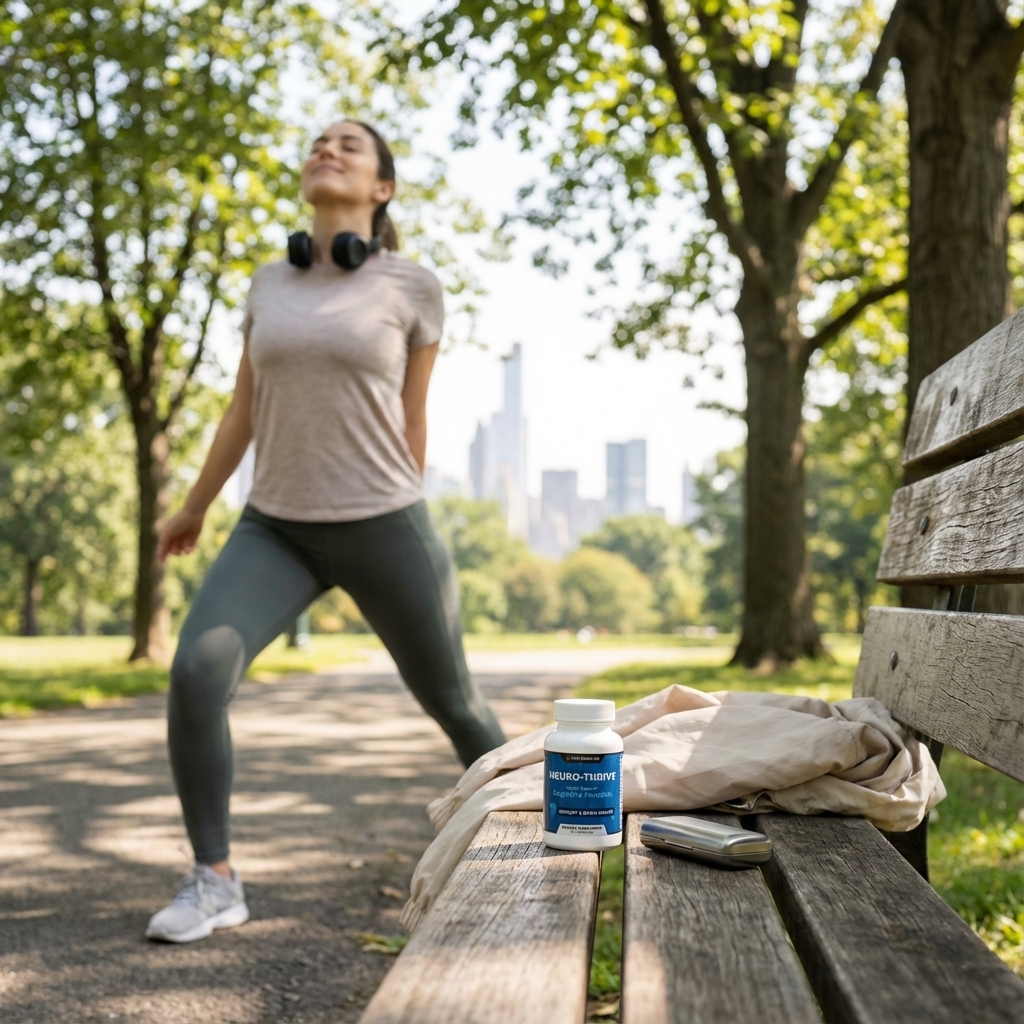NeuroThrive bottle on a park bench beside a jacket after a refreshing walk.
