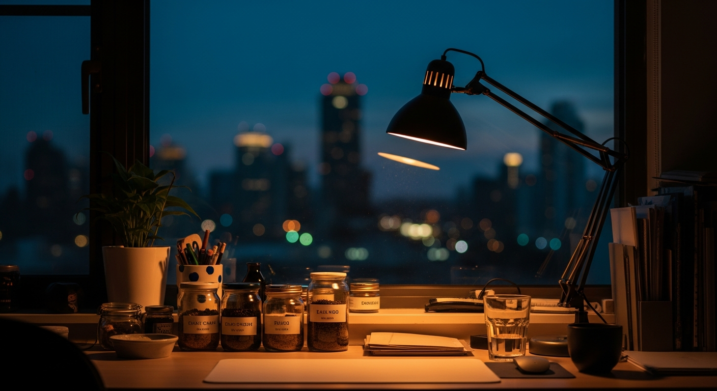 Calm nighttime workspace symbolizing the body’s cleanup crew